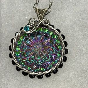New Handcrafted Vintage Czech Glass Button w/ Silver Plated Wiring Necklace
